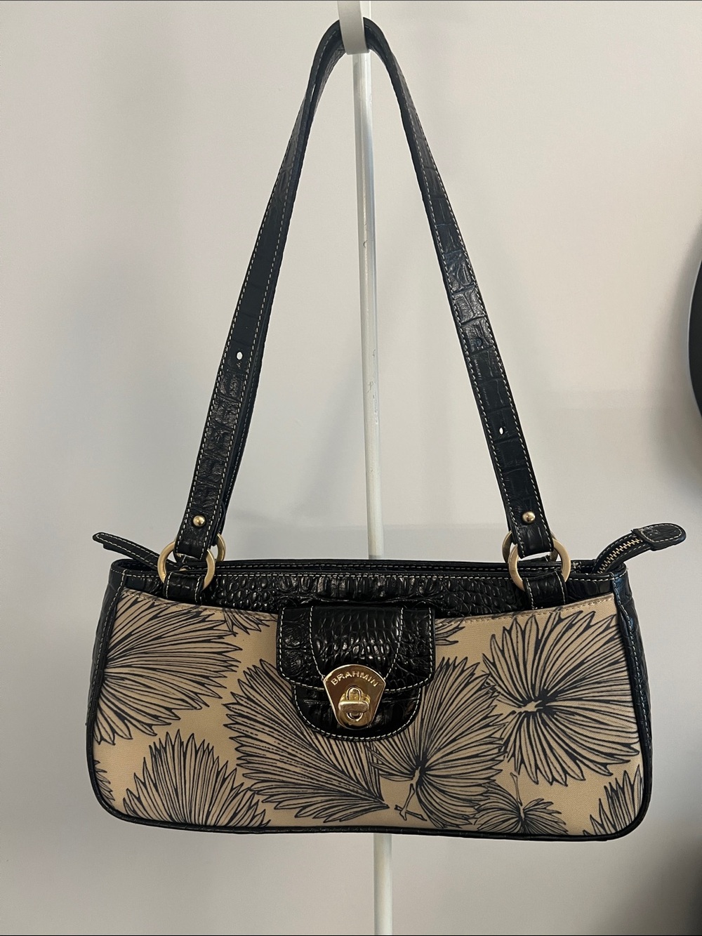 Brahmin Beige Floral-Print Shoulder Bag with Black Trim